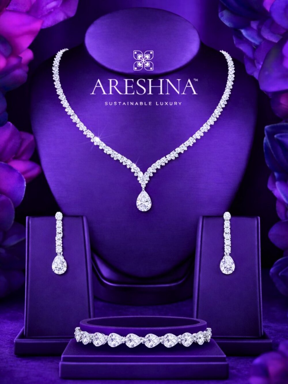 14K Gold Swarovski Bridal Wedding Teardrop 3Pcs Luxury Jewelry Set - Cathalina
